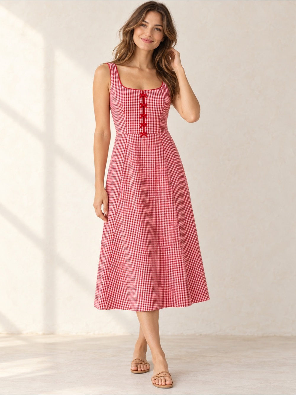 Rachel Zoe Red Gingham Midi Dress with Square Neck and Front Buttons